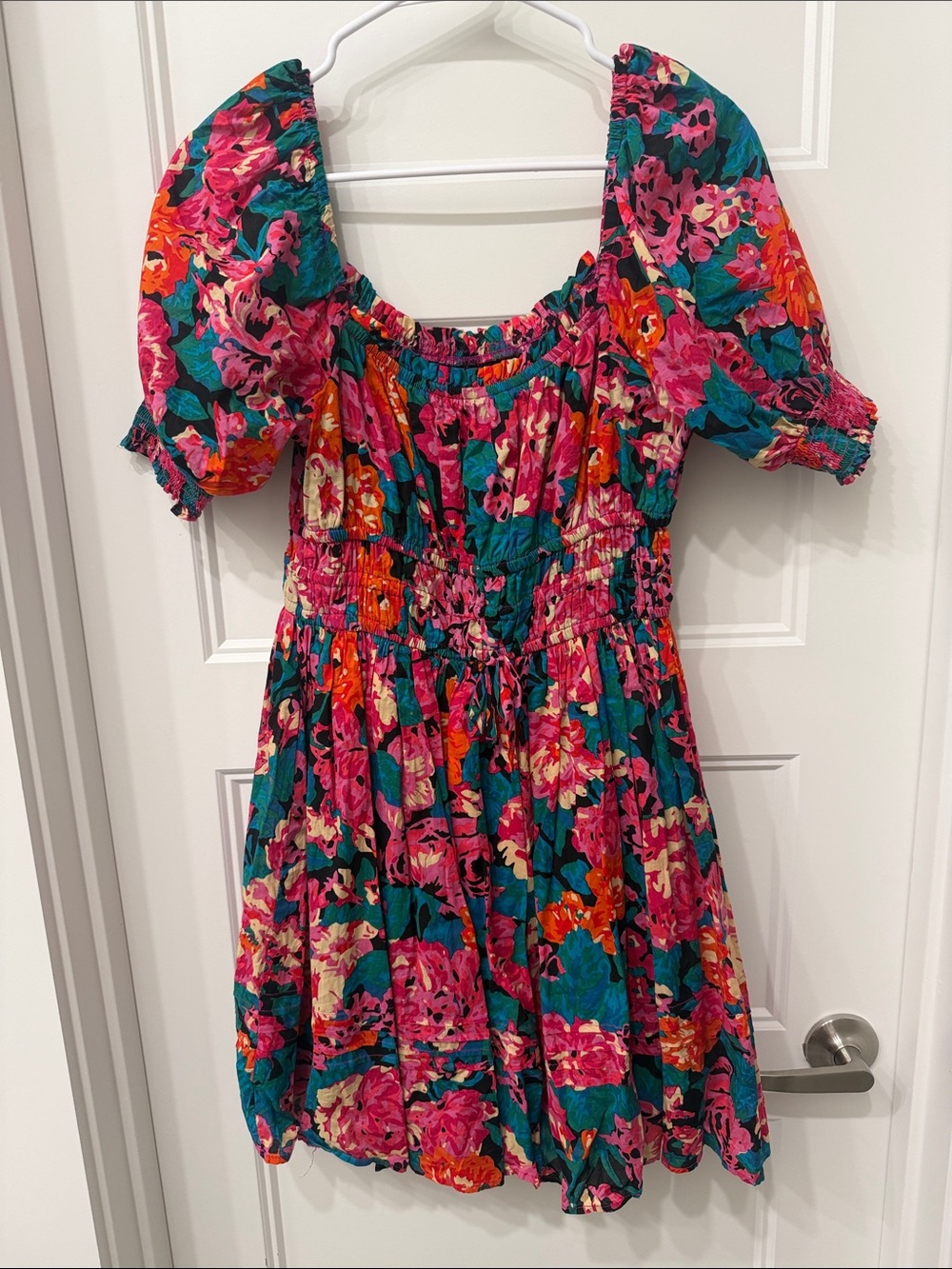 Chelsea & Violet Pink Floral Puff Sleeve Mini Dress with Teal & Orange Accents